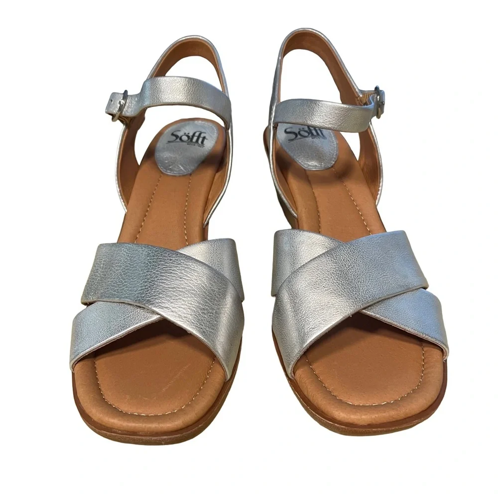NEW Sofft Gabella Crisscross Silver Leather Sz 11 Strappy Wedge Heel Sandals